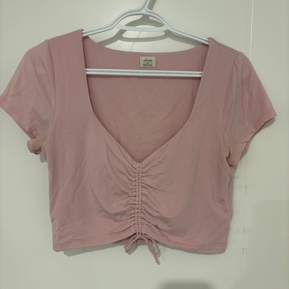 Aritzia Wilfred Blush (Poetic Pink) Cropped Ruched V-Neck Blouse